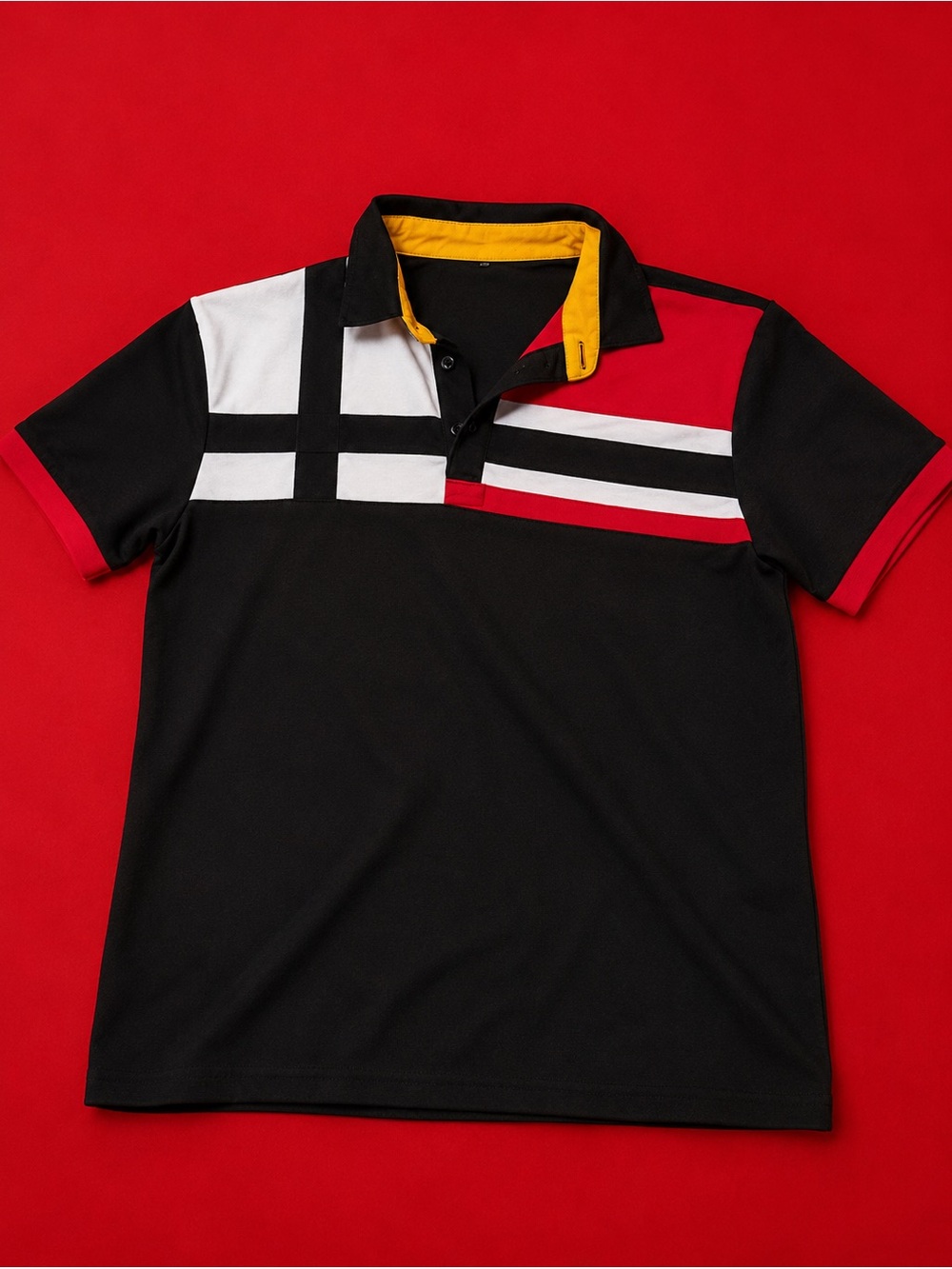 Black Polo Shirt with Red, White and Yellow Accents